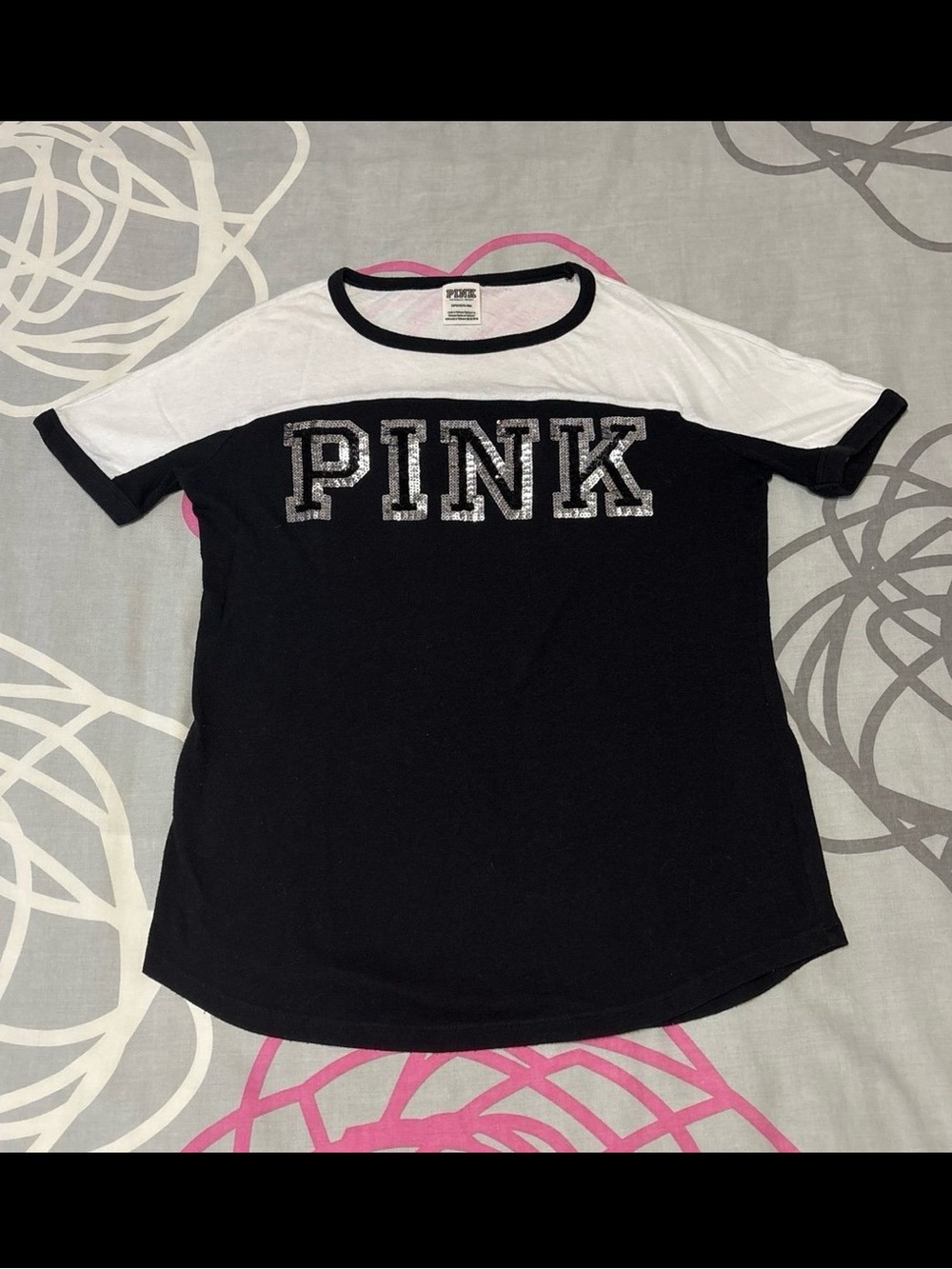 Victoria’s Secret PINK Black and White Sequin Short Sleeve Top